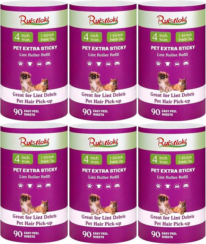 4 inch Lint Roller Refills Only Compatible with Scotch-Brite Pet Hair Pickup Extra Sticky Lint Roller for Couches Clothes and More 90 Sheets per Refill 6 Pack 540 Easy-Tear Adhesive Sheets Total