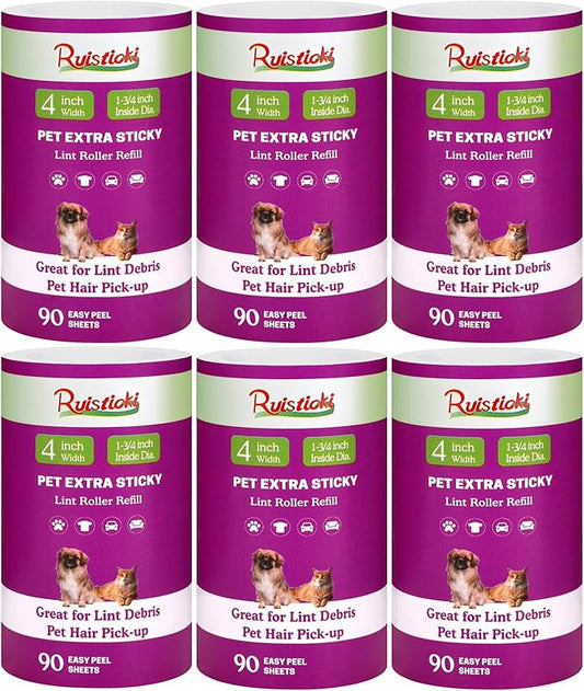 4 inch Lint Roller Refills Only Compatible with Scotch-Brite Pet Hair Pickup Extra Sticky Lint Roller for Couches Clothes and More 90 Sheets per Refill 6 Pack 540 Easy-Tear Adhesive Sheets Total