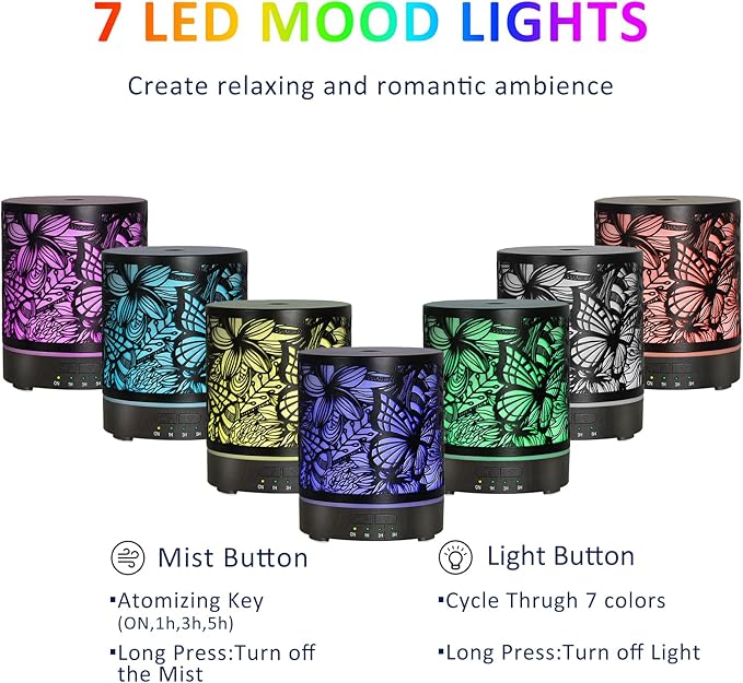 Essential Oil Diffusers 300ML Metal Aromatherapy Oil Diffusers for Large Room,Butterflies & Flower Ultrasonic Cool Mist Diffuser with Waterless Auto Shut-Off Protection, for Home Office SPA Yoga