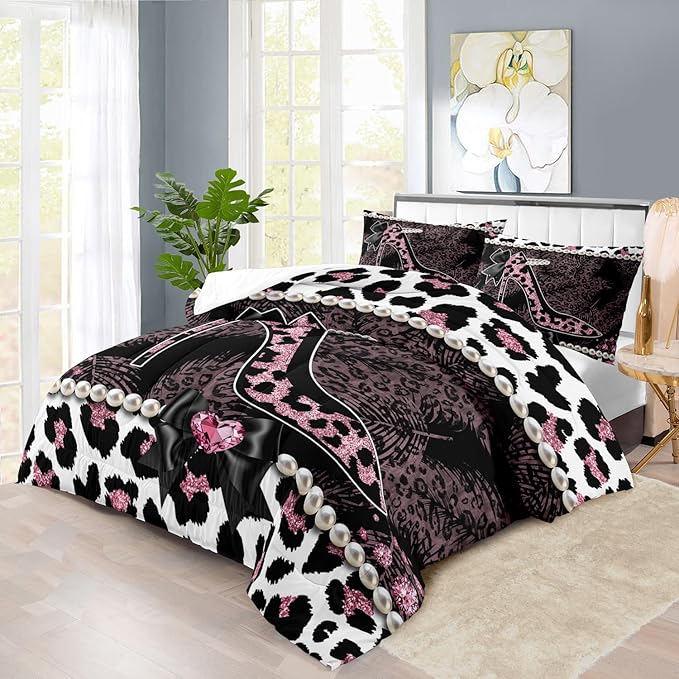 Sexy High Heels Leopard Print Comforter Set Twin Girls Red Cheetah Print Bedding Set Women High Heels Leopard Comforter Animal Quilt Bedroom Decor Cheetah Bedding Bed Decor
