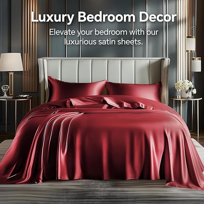 BEDELITE Satin Sheets Queen Size Bed Set, Luxury Soft Burgundy Silky Sheets for Hair and Skin, Similar to Silk Bed Sheets Set 4 Pieces （1 Deep Pocket Fitted Sheet, 1 Flat Sheet, and 2 Pillowcases）