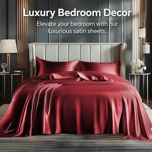BEDELITE Satin Sheets Queen Size Bed Set, Luxury Soft Burgundy Silky Sheets for Hair and Skin, Similar to Silk Bed Sheets Set 4 Pieces （1 Deep Pocket Fitted Sheet, 1 Flat Sheet, and 2 Pillowcases）
