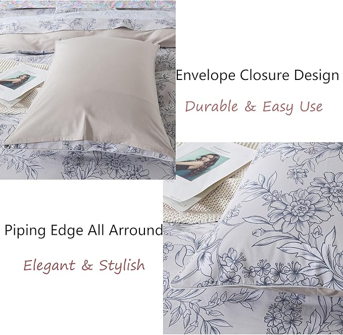 FADFAY Duvet Cover Set Twin Vintage Peony Floral Bedding Shabby Khaki Floral Quilt Cover Set Rustic Farmhouse Bedding 100% Cotton Ultra Soft Comforter Cover with Hidden Zipper Closure 3Pcs, Twin Size