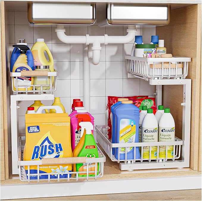 Under Sink Organizer,2 Pack Under Kitchen Sink Organizer,2 Tier Sliding-Out,5 Level Height Adjustable,Thickened Carbon Steel,Anti-rust Treatment,For Kitchen Bathroom White