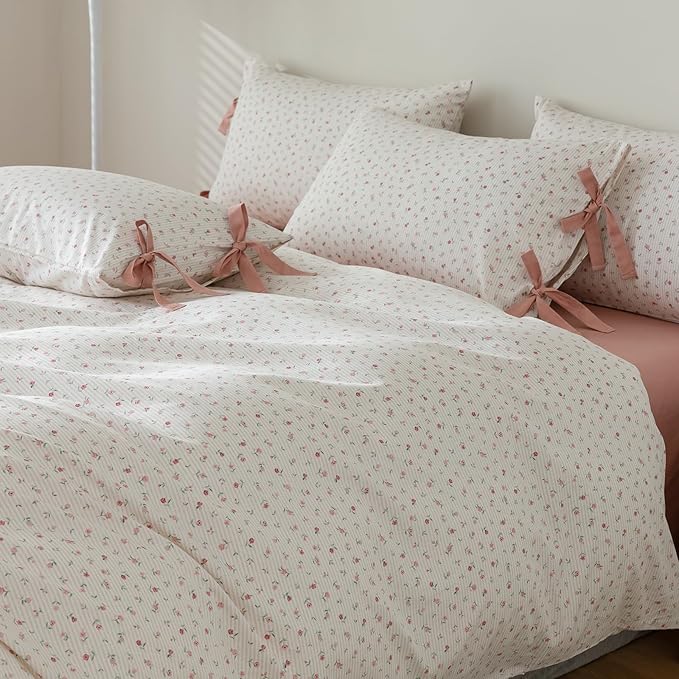 mixinni White Flower Pattern Duvet Cover Twin XL Pink Floral Stripes Duvet Cover Set 100% Cotton Bedding Set with Zipper Ties Bow Tie Pillowcases, Easy Care, Ultra Soft and Breathable-Twin XL Size