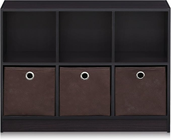 Furinno BASIC Book Shelf, 6-Cube Bookshelf, 3 x 2 Bookcase with Storage Bins, 11.9 x 31.6 x 23.6, for Living Room, Bedroom, Home Office, Dark Walnut