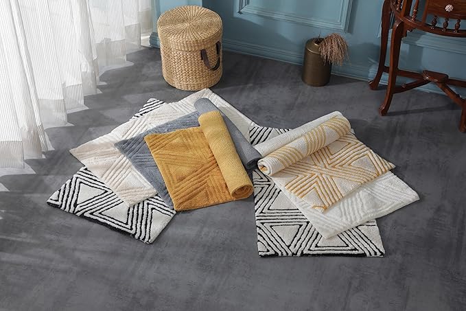 Organic Cotton Bathroom Rug, Luxury Non Slip Ultra Soft & Water Absorbent | Triangles Design Premium Bath Rug | Perfect for Tub & Shower, Toilet Floor Door Bath Mat (32"x20" Ivory & Yellow Ochre)