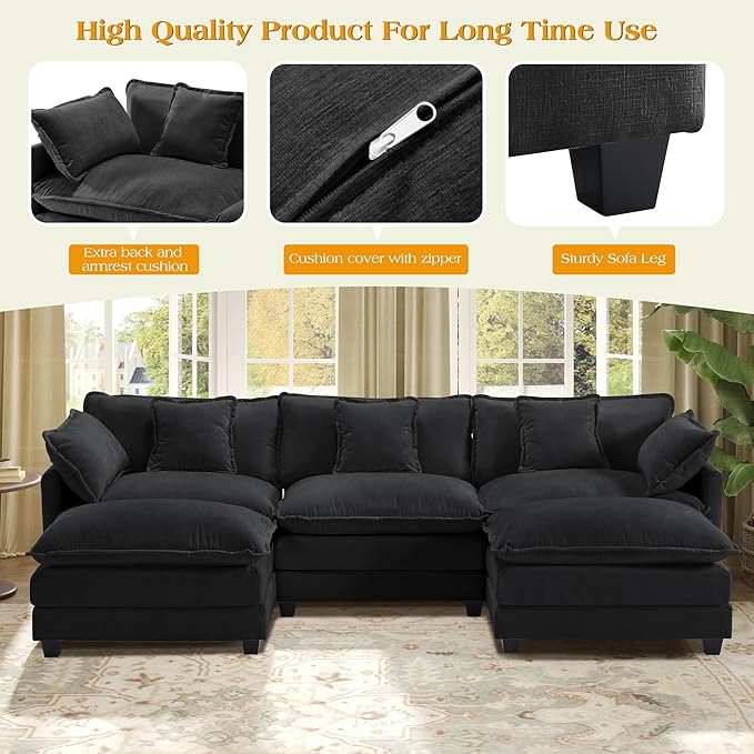 113.4" Modular Sectional Sofa,U Shaped Couch for Living Room,Modern Deep Seat Sofa 3 Seater Chenille Fabric Comfy Cloud Couches with Throw Pillows & Movable Ottoman