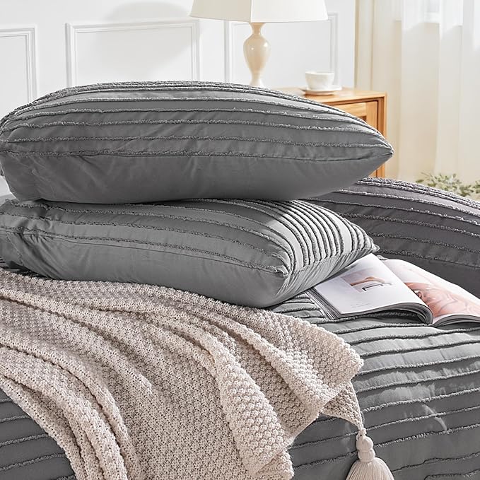 NEXHOME PRO Duvet Cover Queen Size, Grey 3 Pieces Boho Tufted Duvet Cover Set, Soft and Lightweight Microfiber Comforter Cover Set for All Season (Grey Queen, 90 x 90)-No Comforter
