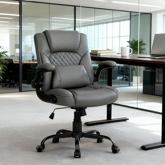 Home Leather Office Chair with Lumbar Support, 5" Padded Seat, Small PU Leather Rocking Desk Chair, Comfy Computer Chairs with Rolling Wheels & Adjustable Arms for Adults, Grey