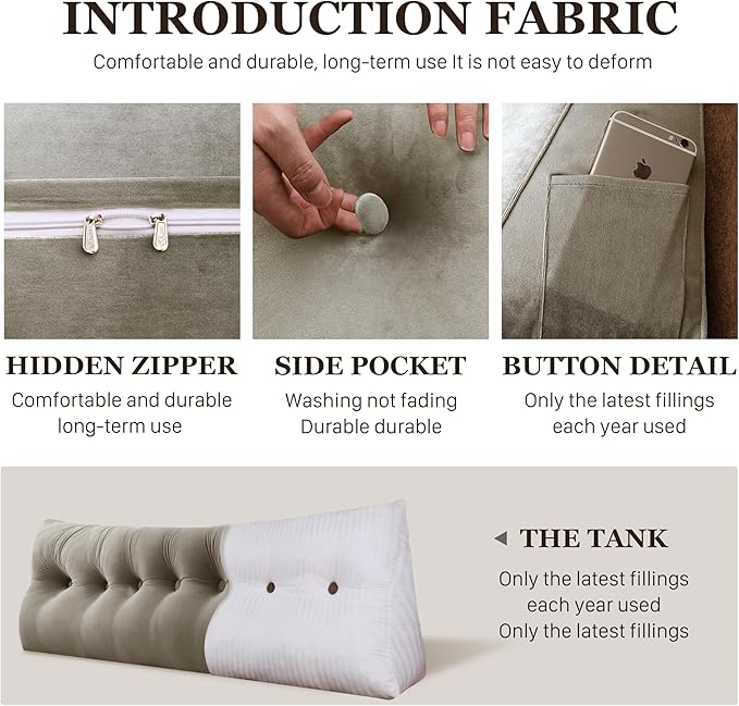 14 lbs Thickened King Wedge Pillow Headboard Body Positioner Bed Wedge Pillow Backrest Support Triangular Headboard Cushion with Side Pocket Velvet Positioning Support Taupe
