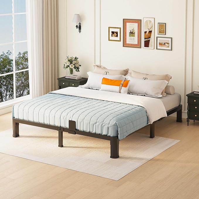 6 inch Queen Bed Frame with Round Corner Legs Mattress Slide Stopper,Low Profile Heavy Duty Metal Platform,Steel Slats Support,No Box Spring Needed,Easy Assembly,Noise Free
