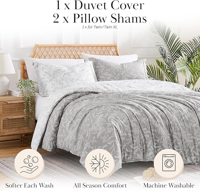 Southshore Fine Living, Inc. Reversible Floral Duvet Cover Set, Twin/XL – Premium Microfiber Bedding, Easy Care – Includes 1 Twin Duvet Cover and 1 Sham, Machine Washable, Winter Brush Steel Grey