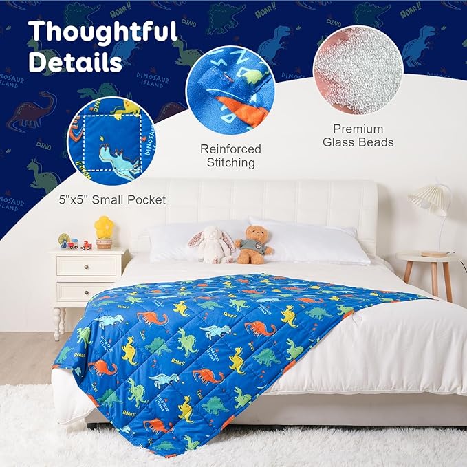Kivik Weighted Blanket 7 lbs, 41" x 60" Blue Dinosaur Weighted Blankets for Small Single/Twin Size Bed, All-Season Breathable Soft Cozy Cute Heavy Throw Blanket for Calming & Sleep, Washable
