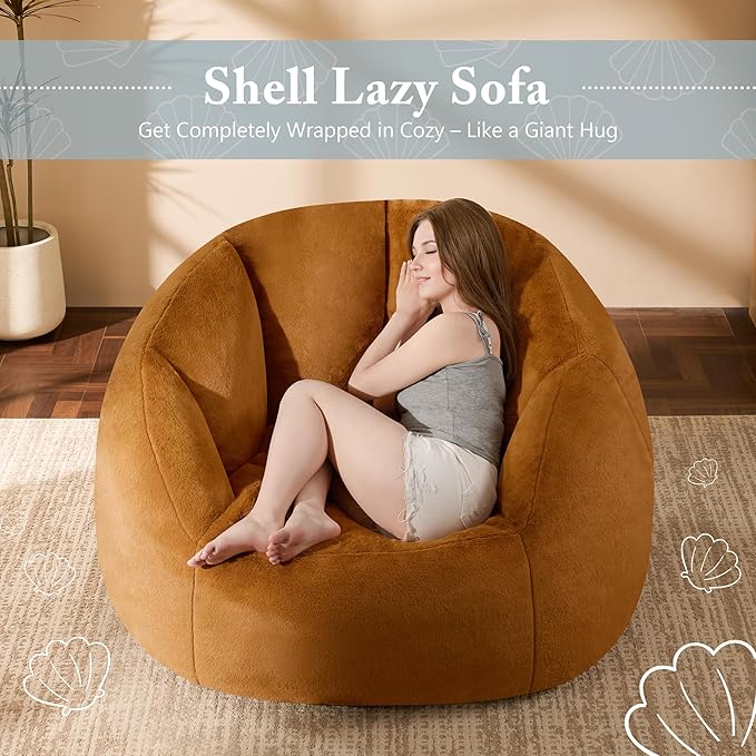 Swivel Giant Bean Bag Chair for Adults - Comfy Plush Round Shell Soft Accent Chair, Oversized Cozy Floor Sofa for Living Room, Bedroom & Game Rooms, Orange