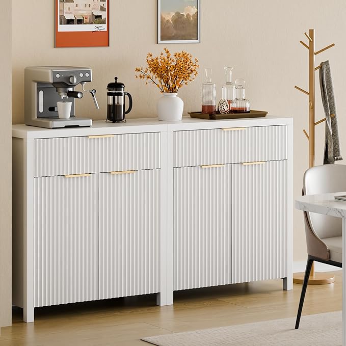 Lulive White Fluted Storage Cabinet with Drawers Buffet Sideboard Cabinet with Adjustable Shelves for Kitchen Living Room, Kitchen, Entryway