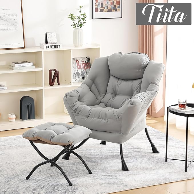 Tiita Lazy Chair with Ottoman, Modern Large Accent Lounge Armchair, Comfy Leisure Sofa Reading Chair with Footrest for Bedroom, Living Room, Dorm Rooms, Garden and Courtyard, Light Grey