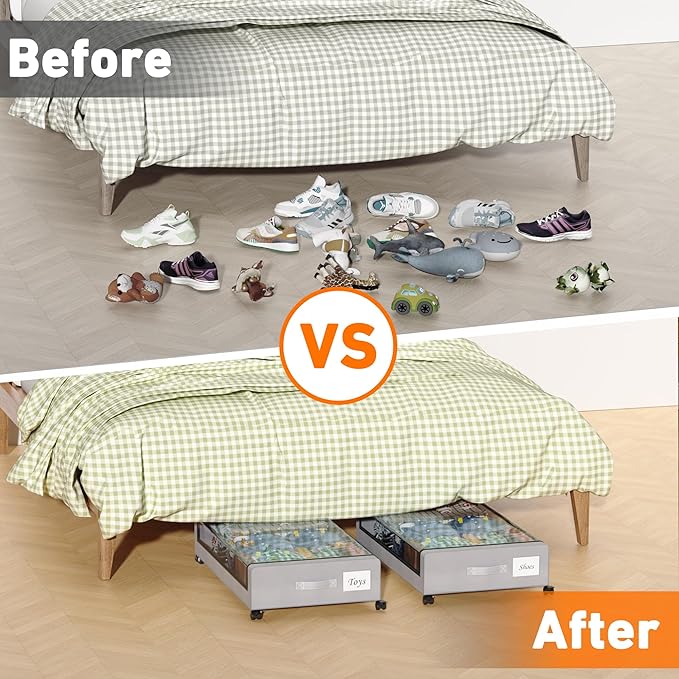 Under Bed Storage with Wheels, 2-Pack Under Bed Storage Containers with Clear Lids, XXL 60L Under the bed storage Organizer Bins, Rolling Under Bed Metal Drawer for Clothes,Shoes,Toys (Gray, 2 Pack)