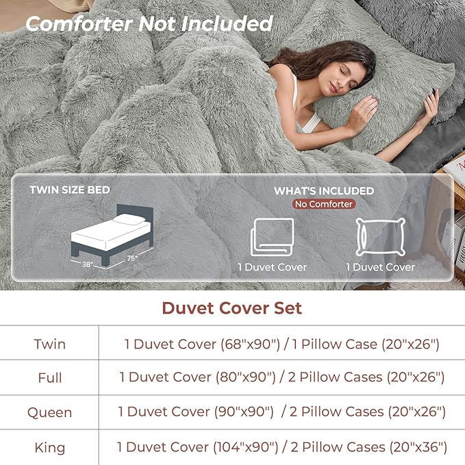 Sasttie 2-Piece Fluffy Duvet Cover Twin/Twin XL, Ultra Soft Faux Fur and Velvet Light Grey Comforter Cover, Fuzzy Bedding Sets for Winter Bed, Includes 1 Duvet Cover and 1 Pillowcase, No Comforter