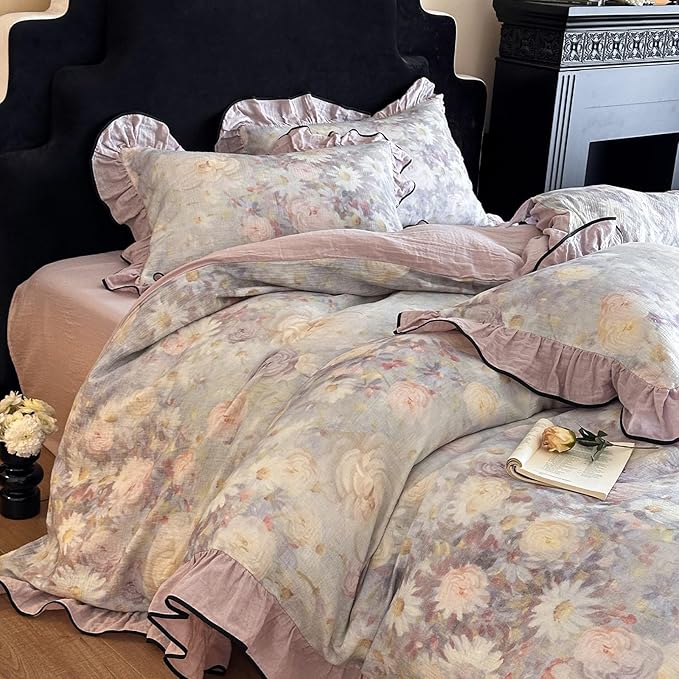 HighBuy Purple Floral Linen Cotton Duvet Cover Twin XL,Ruffle Design 3 Piece Natural Muslin Yarn-Dyed Textured Bedding Comforter Cover Set for Teen College Vintage Coquette Bedding Breathable