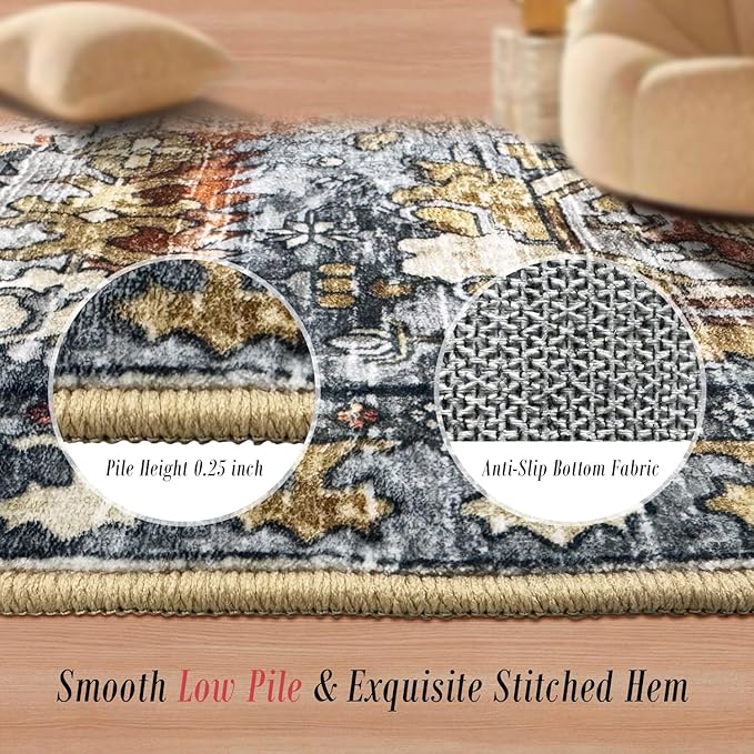 RUGSURE Washable Area Rugs - Perfect for Living Room, Bedroom, Kids Room, Nursery - Stain & Water Resistant Non-Slip, Pet & Child Friendly, Vintage Tribal Area Rugs (Turmeric and Grey, 9' x 12')