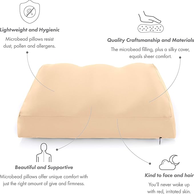 Cover Only for Premium Microbead Bed Pillow, Medium Extra Smooth - Ultra Comfortable Sleep with Silk Like Anti Aging Cover 85% Spandex/ 15% Nylon Breathable, Cooling Barely Beige