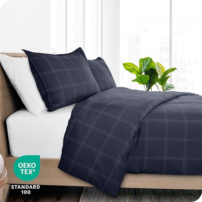Bare Home Bedding Duvet Cover King Size - Premium 1800 Super Soft Collection - Lightweight, Cooling - Soft Breathable Bedding Duvet Cover (King, Modern Plaid - Midnight Blue/White)