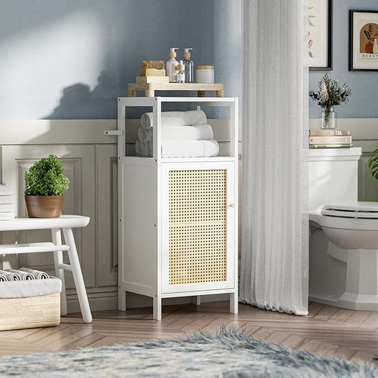 Bamboo Floor Rattan Cabinet, Narrow Bathroom Storage Organizer Rack, Space Saving Wood Kitchen Cupboard, Hallway Side Table, Living Room Stand with Single Door and 1 Shelf (White)