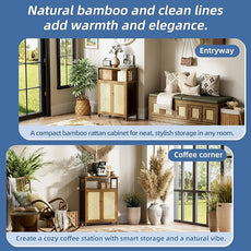 HITNET Rattan Bathroom Floor Cabinet, Freestanding Bamboo Storage Cupboard with 2 Doors, Living Room Sideboard, Space Saving, Walnut