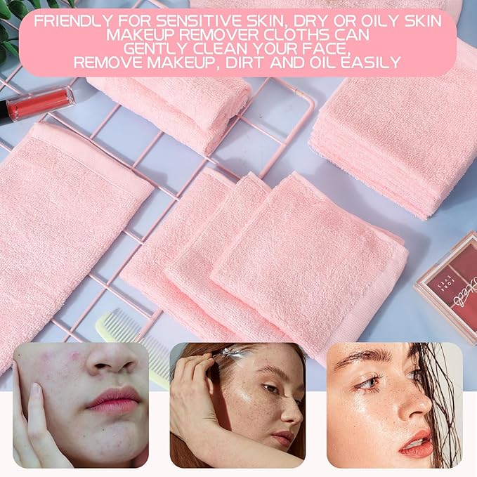 Newwiee 40 Pcs Wash Cloth Bulk Cotton Bath Hand Face Washcloths Soft Quick Drying Towel for Women Bathroom Washing Body Viscose Fiber Multipurpose Fingertip Rags (10 x 10 Inch,Pink)