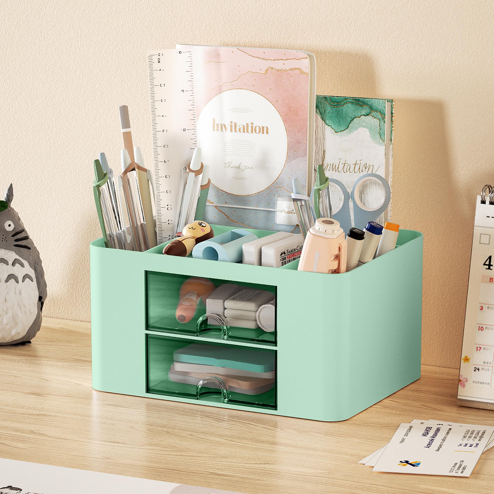 Marbrasse Pen Organizer with 2 Drawer, Multi-Functional Pencil Holder for Desk, Desk Organizers and Accessories with 5 Compartments + Drawer for Office Art Supplies (Blue) Dormly