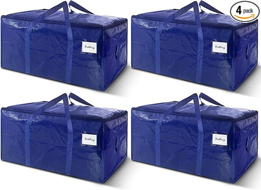 4 Pack Extra Heavy Duty Large Moving Bags with Strong Zipper & Carrying Handles, Sturdy Clothes Storage Bag Totes Bins, Packing Bags Moving Boxes College Moving Supplies, Dark Blue - 33 gal