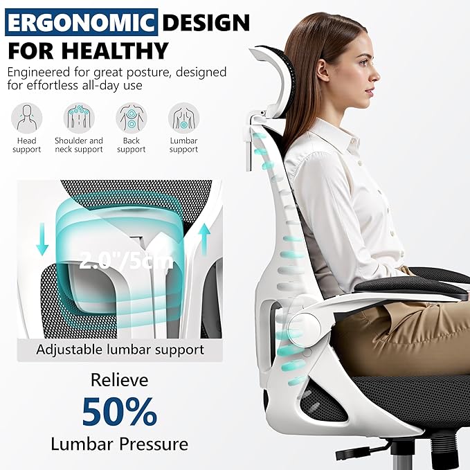 Ergonomic Office Chair - High Back Mesh Computer Desk Chair with Adjustable Lumbar Support & Headrest, Flip-Up Armrests, Tilt Function - Perfect for Gaming, Work, and Study -White
