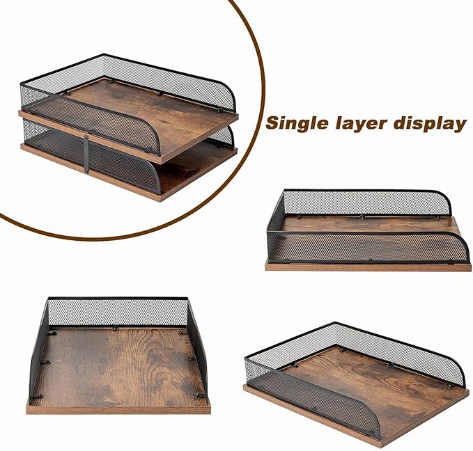 Set of 2 Vintage Wood & Metal Letter Tray，Desk Organizers Paper Tray，Office File Organizer(Black)