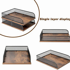 Set of 2 Vintage Wood & Metal Letter Tray，Desk Organizers Paper Tray，Office File Organizer(Black)