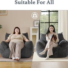 Giant Plush Bean Bag Chair for Adults with Armrests - Oversized Comfy Grey Beanbag Lounge Lazy Floor Sofa Accent Chair for Living Room, Bedroom & Dorm, Cozy Fluffy Single Cloud Mini Couch
