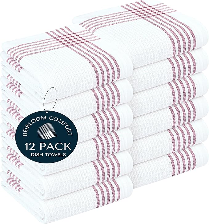 Burgundy and White Waffle Kitchen Towels 12 Pack, 100% Cotton, 16x26 Inch, Absorbent, Quick Dry, Durable Dishcloths for Wiping, Cleaning, Machine Washable, Kitchen, and Cooking Use