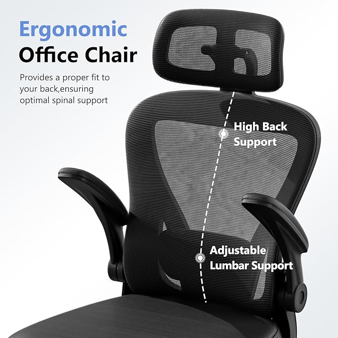 Ergonomic Office Chair M903, Computer Desk Chair with Wheels, High Back Mesh Office Chair with Adjustable Lumbar Support, Headrest, Flip-Up Armrests, Black