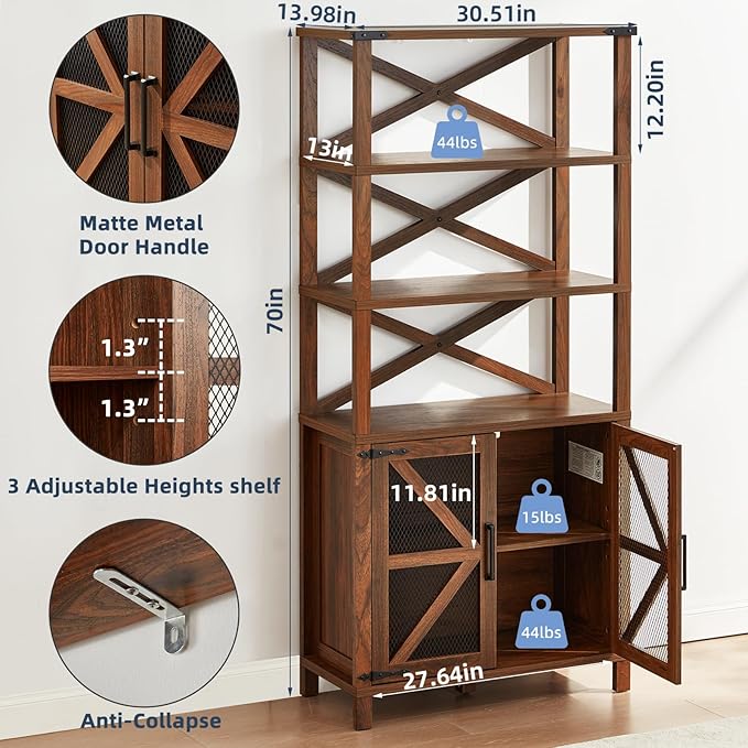 5 Tier Bookshelf 70" Tall Bookcase with Barn Doors,Large Farmhouse Display Book Shelf with Adjustable Shelves and Storage Cabinet,Wood Bookshelves for Living Room,Kitchen,Brown(2PCS)