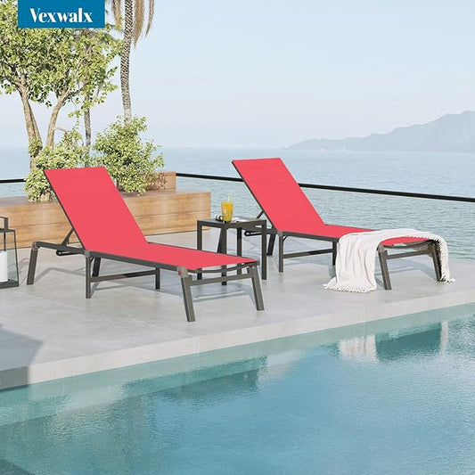 Foldable Pool Lounge Chairs, Aluminum Chaise Lounge Outdoor with 5 Positions Recliner - Free Assembly - Patio Lounge Chair for Poolside, Beach (Red)