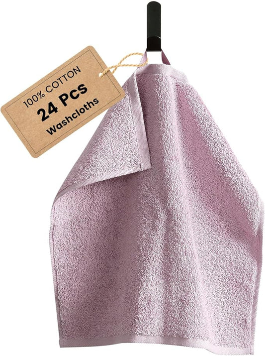 SEMAXE 100% Cotton Washcloths for Bathroom - 24 Pack, Quick-Dry Face Towels with Hanging Loop, Highly Absorbent and Soft, 13x13 Inch, Purple