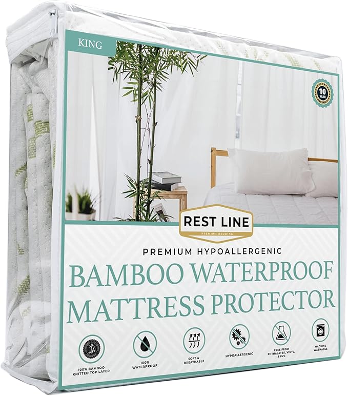 King Size 78x80” Premium Bamboo Waterproof Mattress Protector, 100% Viscose from Bamboo, Hypoallergenic, Cooling Mattress Pad Cover, Soft & Breathable Fitted Sheet Style up to 18" Deep - Rest Line