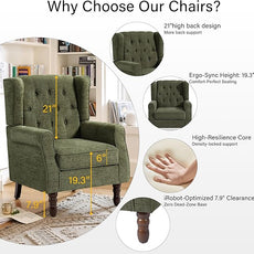 Lumibee High Back Accent Chair,Upholstered Wingback Armchair with Solid Wood Legs for Small Spaces,Comfy Single Sofa Chair for Living Room,Bedroom,Office-Green