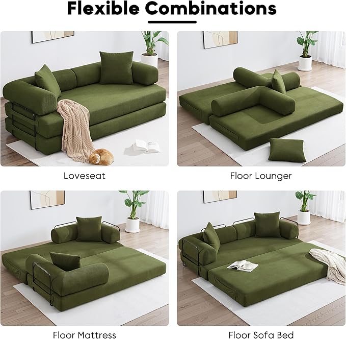 Convertible Sleeper Sofa Bed with Cylindrical Pillow, Corduroy Folding Mattress Couch with Fixed-Shape Frame, Floor Sofa Lounge Couch for Living Room Bedroom Lounge Studio-Green