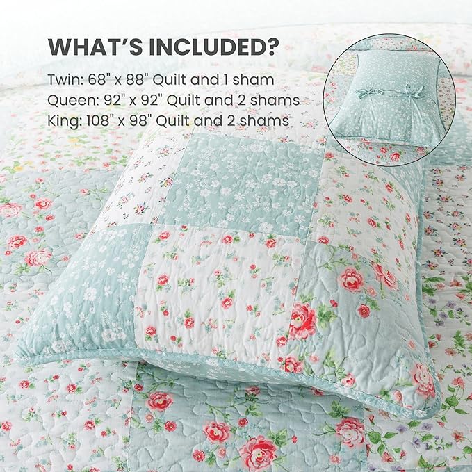 Soul & Lane Whispering Flowers Cotton Quilt Set - Twin Size with 1 Sham, White and Blue Pieced Patchwork Design, Country Floral Quilted Comforter, Lightweight Summer Farmhouse Bedding