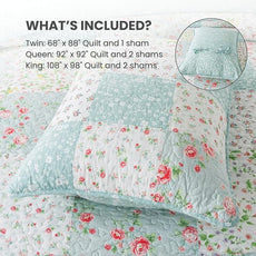 Soul & Lane Whispering Flowers Cotton Quilt Set - King Size with 2 Shams, White and Blue Pieced Patchwork Design, Country Floral Quilted Comforter, Lightweight Summer Farmhouse Bedding