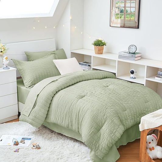 HYMOKEGE Light Green Twin XL Comforter Set Seersucker 5 Pieces, All Season Luxury Bed in a Bag for Bedroom, Bedding Set with Comforter, Sheets, Pillowcase & Sham