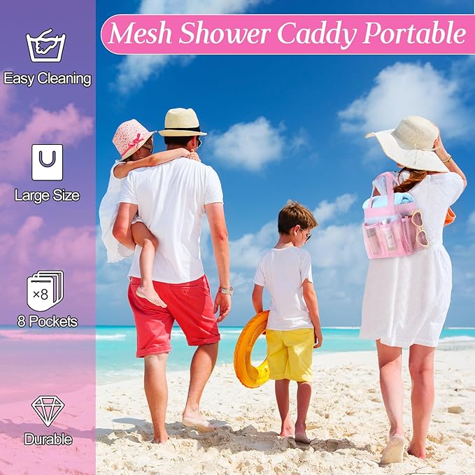 Hillban 4 Pcs Mesh Shower Caddy Portable Large Quick Dry Shower Caddy Basket with Deeper 8 Pockets and 2 Handles Hanging Bag for College Dorm Room(Pink)