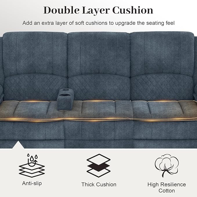 3-Seater Recliner Sofa, Manual Reclining Couch with Multi-Functional Middle Seat, Reclining Sofa for Living Room with Hidden Storage Space, Cup Holders, and Removable Console