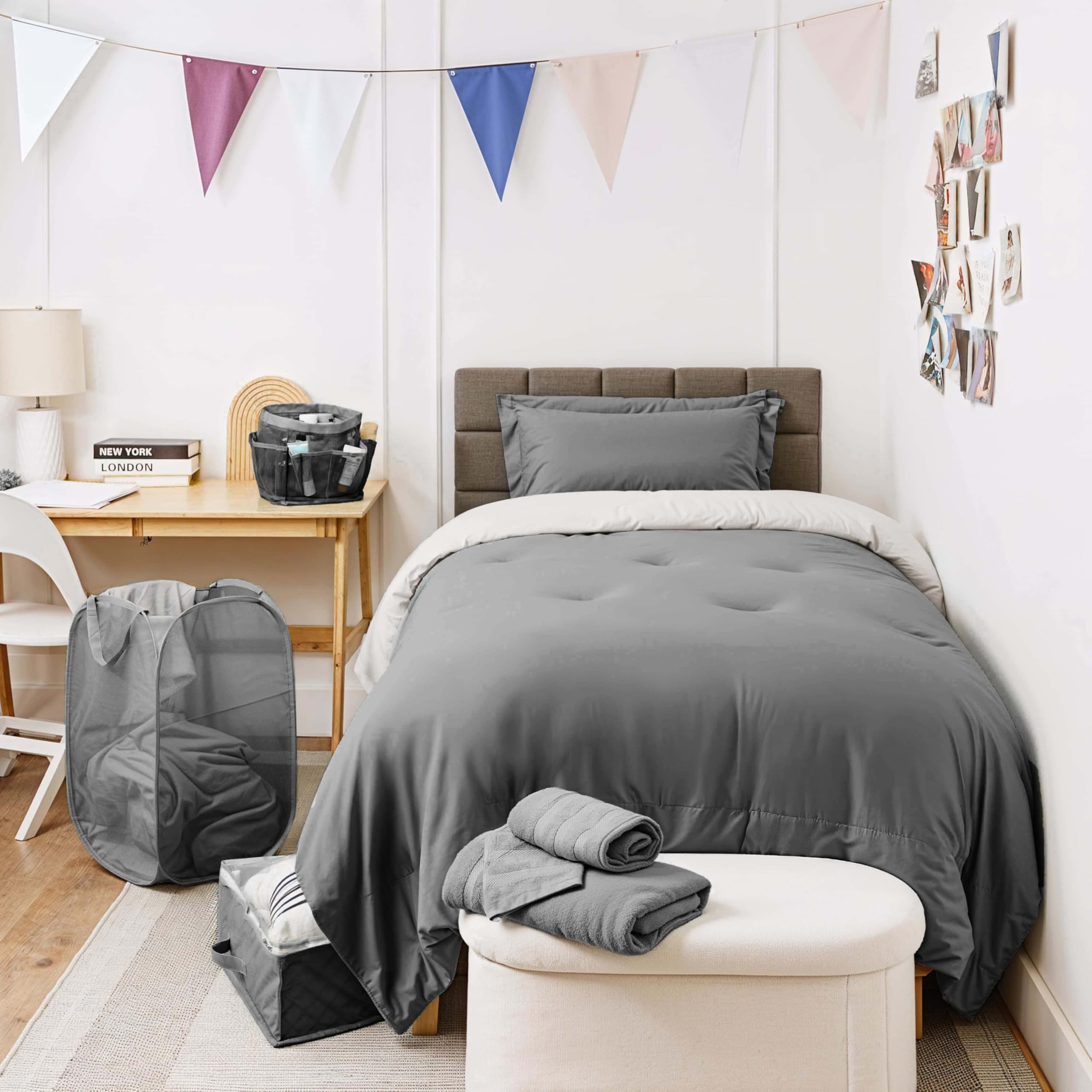 Hearth & Harbor Complete Dorm Room Set, Twin XL Comforter Set, Sheet Set, Mattress Protector, Towels and Organizers - All Dorm Accessories Included Dormly